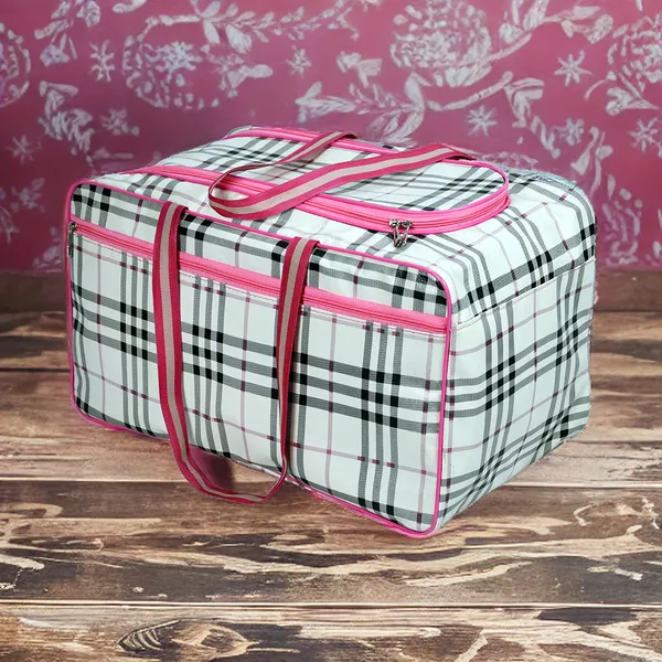 Pink_Check_Pattern_Travel_Bag_For_Women_|_Large_Capacity_Clothes_Organizer_Duffel_Bag_|_Stylish_Multipurpose_Weekend_Travel_Storage_Bag