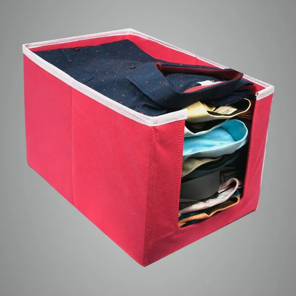 Foldable_Clothes_Storage_Box_With_Front_Window_|_Wardrobe_Organizer_For_Kurtis,_Dresses_&_Kids_Garments_|_20L_Non-Woven_Hardboard_Storage_Box_(Pink)