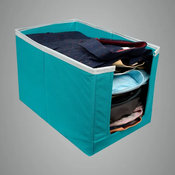 Multipurpose_Clothes_Storage_Box_With_Front_Window_|_Foldable_Wardrobe_Organizer_For_Dresses,_Kurtis_&_Kids_Clothes_|_Non-Woven_Storage_Bin_20L_(Teal)