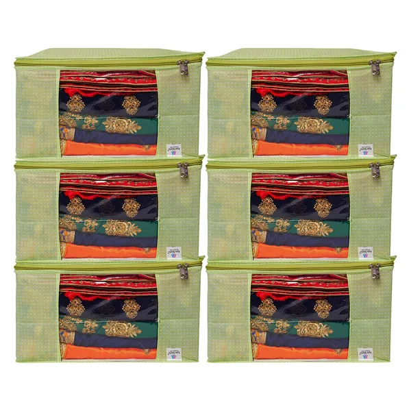 Green_Polka_Dot_Foldable_Storage_Bag_With_Zipper_Window_|_Large_Clothes_&_Blanket_Organizer_For_Wardrobe_Saree_Cover_Storage_Box_For_Clothes_With_Premium_Quality_Non_Woven_Combo_Offer_Saree_Organizer_For_Wardrobe/Organizers_For_Clothes/Saree_Cover_|_|_Saree_Bags_Saree_Covers_For_Storage,_Wardrobe_Organiser_|_Foldable_Saree_Clothes_Storage_Bag_Wardrobe_(Pack_Of_6)