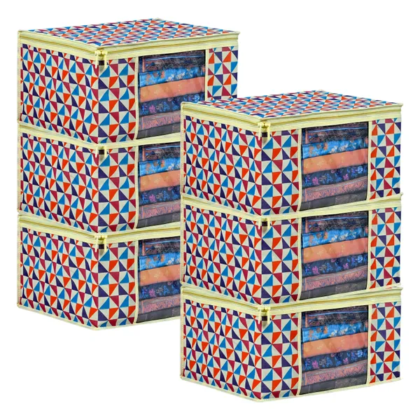 Multipurpose_Foldable_Clothes_&_Saree_Storage_Organizer_With_Front_Window_|_Geometric_Printed_Garment_Storage_Bag_For_Wardrobe_Saree_Cover_Storage_Box_For_Clothes_With_Premium_Quality_Non_Woven_Combo_Offer_Saree_Organizer_For_Wardrobe/Organizers_For_Clothes/Saree_Cover_(Pack_Of_6)