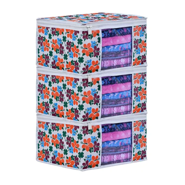Premium_Floral_Printed_Clothes_Storage_Bag_With_Clear_Window_&_Zipper_|_Foldable_Wardrobe_Organizer_For_Saree,_Blanket_&_Bedding_|_Saree_Cover_Storage_Box_For_Clothes_With_Premium_Quality_Non_Woven_Combo_Offer_Saree_Organizer_For_Wardrobe/Organizers_For_Clothes/Saree_Cover_(Pack_Of_3)