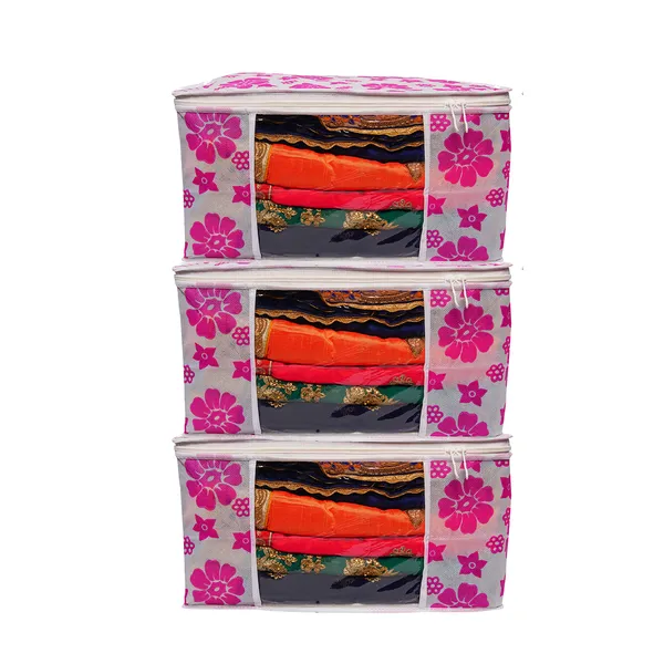 Large_Foldable_Clothes_Storage_Bag_With_Zipper_&_Transparent_Window_|_Floral_Wardrobe_Organizer_For_Saree,_Blanket_&_Quilt_Storage_(Pack_Of_3)
