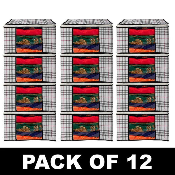 Premium_Check_Print_Clothes_Storage_Bag_With_Clear_Window_&_Zipper_|_Foldable_Wardrobe_Organizer_For_Blanket,_Saree_&_Bedding_|_Saree_Cover_Storage_Box_For_Clothes_With_Premium_Quality_Non_Woven_Combo_Offer_Saree_Organizer_For_Wardrobe/Organizers_For_Clothes/Saree_Cover_|_Foldable_Saree_Clothes_Storage_Bag_Wardrobe_(Pack_Of_12)