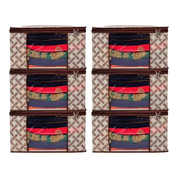 Saree_Cover_Storage_Box_For_Clothes_With_Premium_Quality_Non_Woven_Combo_Offer_Saree_Organizer_For_Large_Foldable_Clothes_Storage_Bag_With_Zipper_&_Transparent_Window_|_Cream_Geometric_Print_Wardrobe_Organizer_For_Saree,_Blanket_&_Quilt_Storage_(Pack_Of_6)