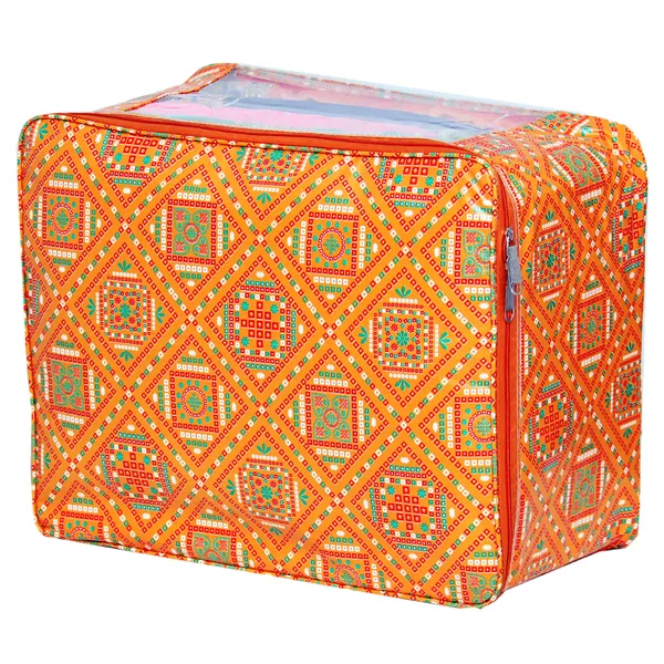 Multipurpose_Saree_Garment_Packing_Cover_With_Front_Transparent_Window_|_Laminated_Canvas_Printed_Fabric_Storage_Organizer_|_Heavy_Zip_Bag_(Orange_Bandhani)