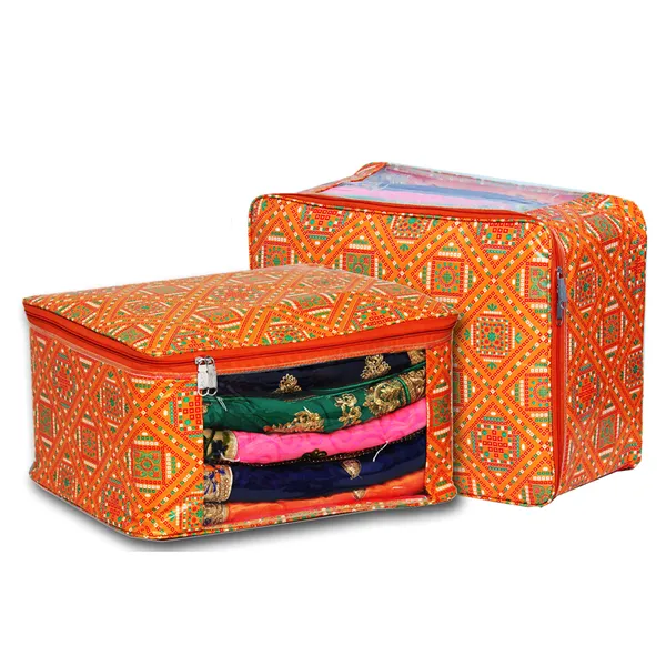 Multipurpose_Saree_Garment_Packing_Cover_With_Front_Transparent_Window_|_Laminated_Canvas_Printed_Fabric_Storage_Organizer_|_Heavy_Zip_Bag_(Orange_Bandhani)
