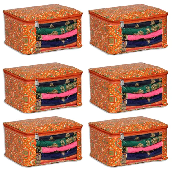 Multipurpose_Saree_Garment_Packing_Cover_With_Front_Transparent_Window_|_Laminated_Canvas_Printed_Fabric_Storage_Organizer_|_Heavy_Zip_Bag_(Orange_Bandhani)