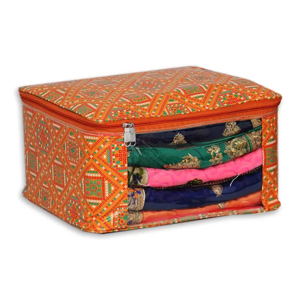 Multipurpose_Saree_Garment_Packing_Cover_With_Front_Transparent_Window_|_Laminated_Canvas_Printed_Fabric_Storage_Organizer_|_Heavy_Zip_Bag_(Orange_Bandhani)