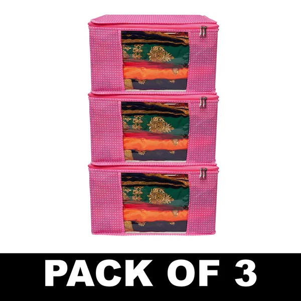 Multipurpose_Foldable_Clothes_Storage_Organizer_With_Front_Window_|_Polka_Dot_Saree,_Blanket_&_Garment_Storage_Bag_For_Wardrobe_(Pack_Of_3)