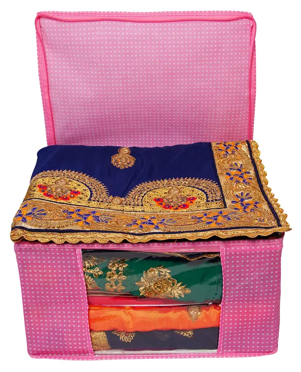 Multipurpose_Foldable_Clothes_Storage_Organizer_With_Front_Window_|_Polka_Dot_Saree,_Blanket_&_Garment_Storage_Bag_For_Wardrobe_(Pack_Of_3)