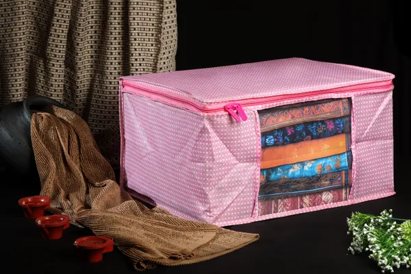Multipurpose_Foldable_Clothes_Storage_Organizer_With_Front_Window_|_Polka_Dot_Saree,_Blanket_&_Garment_Storage_Bag_For_Wardrobe_(Pack_Of_3)
