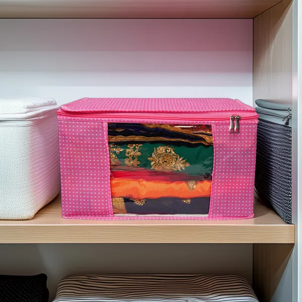 Multipurpose_Foldable_Clothes_Storage_Organizer_With_Front_Window_|_Polka_Dot_Saree,_Blanket_&_Garment_Storage_Bag_For_Wardrobe_(Pack_Of_3)