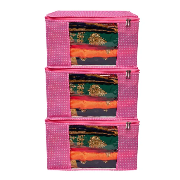 Multipurpose_Foldable_Clothes_Storage_Organizer_With_Front_Window_|_Polka_Dot_Saree,_Blanket_&_Garment_Storage_Bag_For_Wardrobe_(Pack_Of_3)
