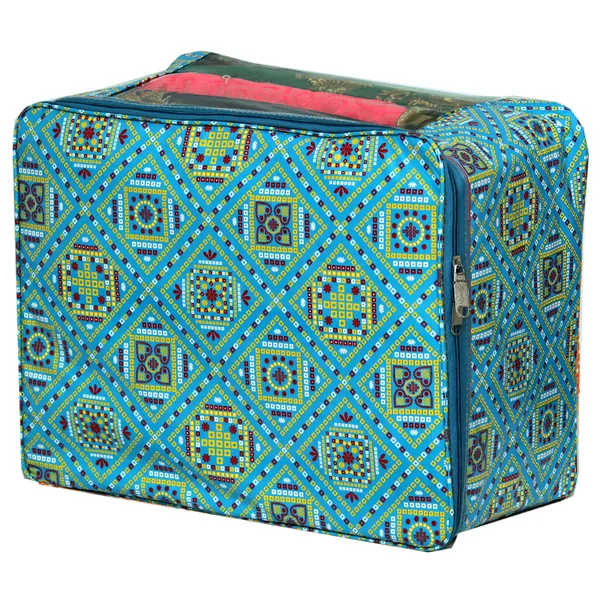 Multi_Saree_/_Garment_Packing_Cover_With_Front_Transparent_Window_|_Laminated_Canvas_Printed_Fabric_Organizer_|_Heavy_Zip_Storage_Bag_With_Zinc_Runner_(Blue_Bandhani)