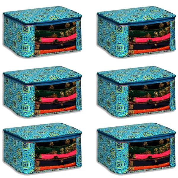 Multi_Saree_/_Garment_Packing_Cover_With_Front_Transparent_Window_|_Laminated_Canvas_Printed_Fabric_Organizer_|_Heavy_Zip_Storage_Bag_With_Zinc_Runner_(Blue_Bandhani)