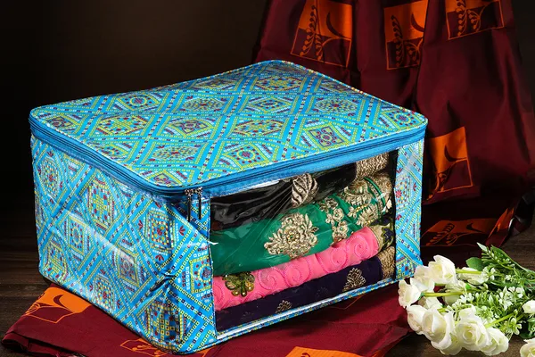 Multi_Saree_/_Garment_Packing_Cover_With_Front_Transparent_Window_|_Laminated_Canvas_Printed_Fabric_Organizer_|_Heavy_Zip_Storage_Bag_With_Zinc_Runner_(Blue_Bandhani)