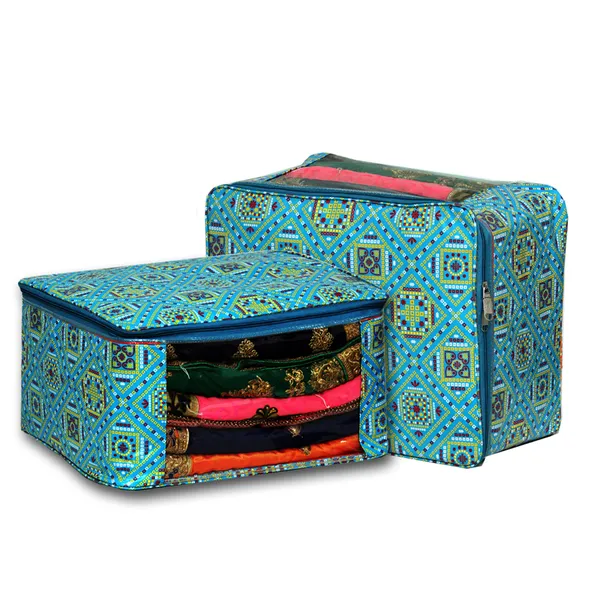 Multi_Saree_/_Garment_Packing_Cover_With_Front_Transparent_Window_|_Laminated_Canvas_Printed_Fabric_Organizer_|_Heavy_Zip_Storage_Bag_With_Zinc_Runner_(Blue_Bandhani)