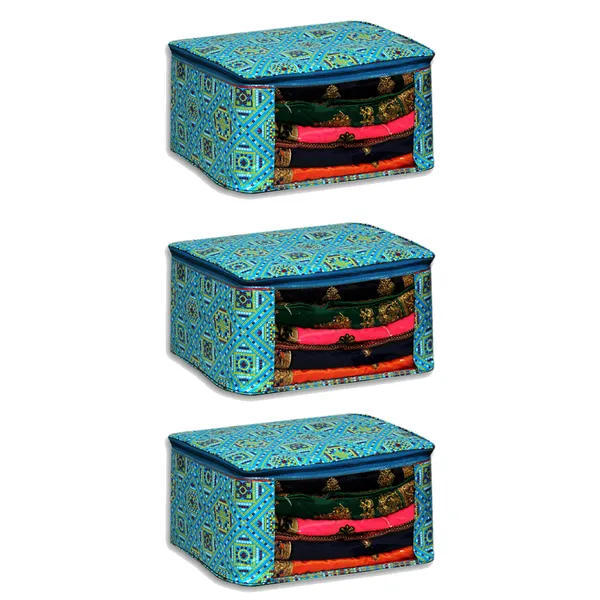 Multi_Saree_/_Garment_Packing_Cover_With_Front_Transparent_Window_|_Laminated_Canvas_Printed_Fabric_Organizer_|_Heavy_Zip_Storage_Bag_With_Zinc_Runner_(Blue_Bandhani)