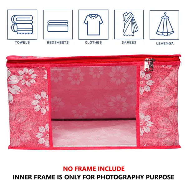 Multipurpose_Foldable_Clothes_Storage_Organizer_With_Front_Window_|_Floral_Print_Blanket,_Saree_&_Garment_Storage_Bag_For_Wardrobe_(Pack_Of_3)