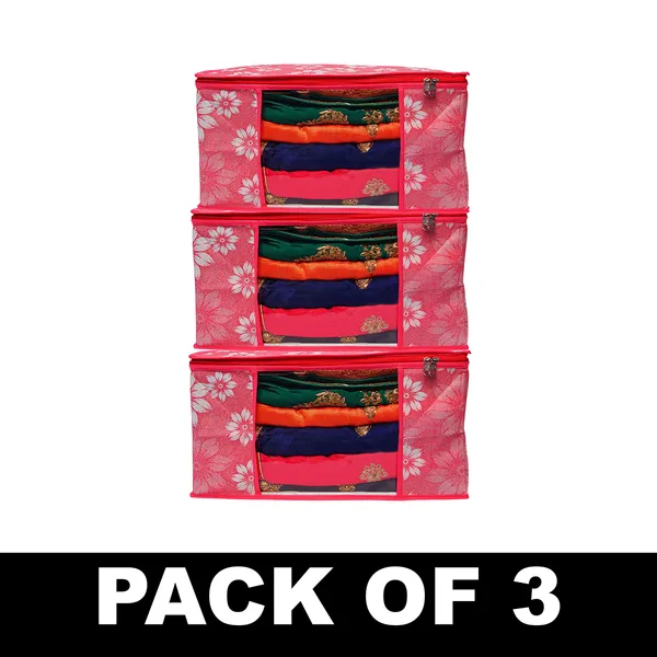 Multipurpose_Foldable_Clothes_Storage_Organizer_With_Front_Window_|_Floral_Print_Blanket,_Saree_&_Garment_Storage_Bag_For_Wardrobe_(Pack_Of_3)