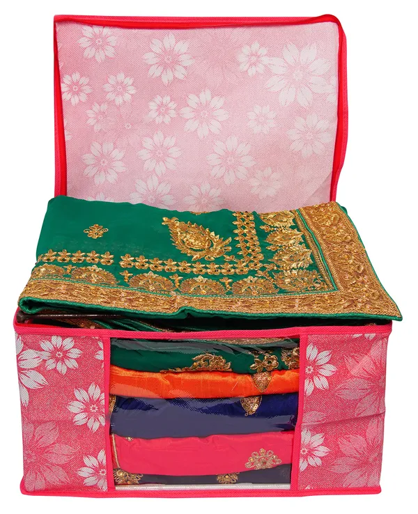 Multipurpose_Foldable_Clothes_Storage_Organizer_With_Front_Window_|_Floral_Print_Blanket,_Saree_&_Garment_Storage_Bag_For_Wardrobe_(Pack_Of_3)