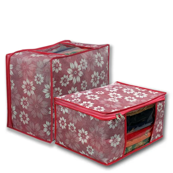 Multipurpose_Foldable_Clothes_Storage_Organizer_With_Front_Window_|_Floral_Print_Blanket,_Saree_&_Garment_Storage_Bag_For_Wardrobe_(Pack_Of_3)