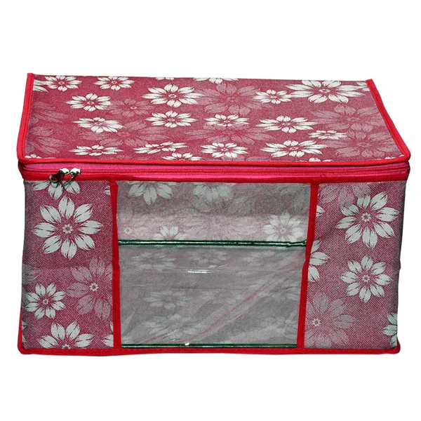 Multipurpose_Foldable_Clothes_Storage_Organizer_With_Front_Window_|_Floral_Print_Blanket,_Saree_&_Garment_Storage_Bag_For_Wardrobe_(Pack_Of_3)
