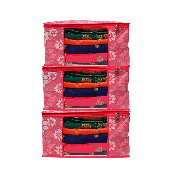 Multipurpose_Foldable_Clothes_Storage_Organizer_With_Front_Window_|_Floral_Print_Blanket,_Saree_&_Garment_Storage_Bag_For_Wardrobe_(Pack_Of_3)