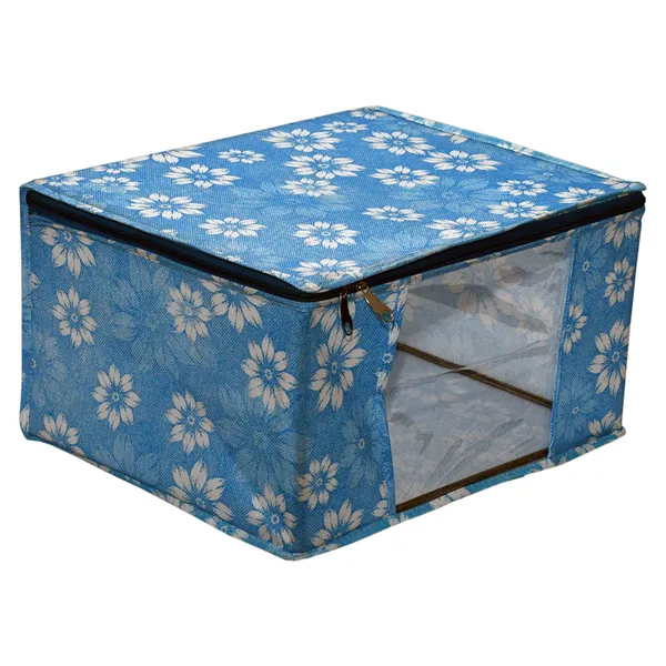 Premium_Blue_Floral_Clothes_Storage_Bag_With_Clear_Window_&_Zipper_|_Foldable_Wardrobe_Organizer_For_Saree,_Blanket_&_Bedding_(Pack_Of_12)