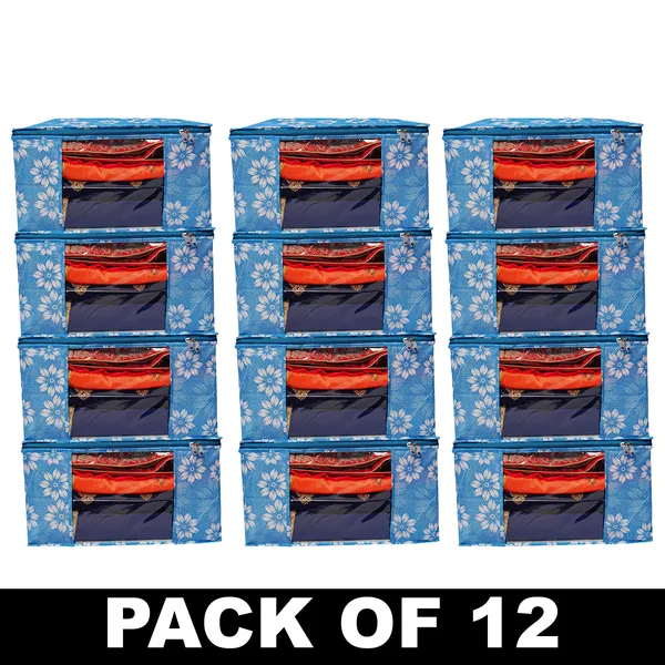 Premium_Blue_Floral_Clothes_Storage_Bag_With_Clear_Window_&_Zipper_|_Foldable_Wardrobe_Organizer_For_Saree,_Blanket_&_Bedding_(Pack_Of_12)