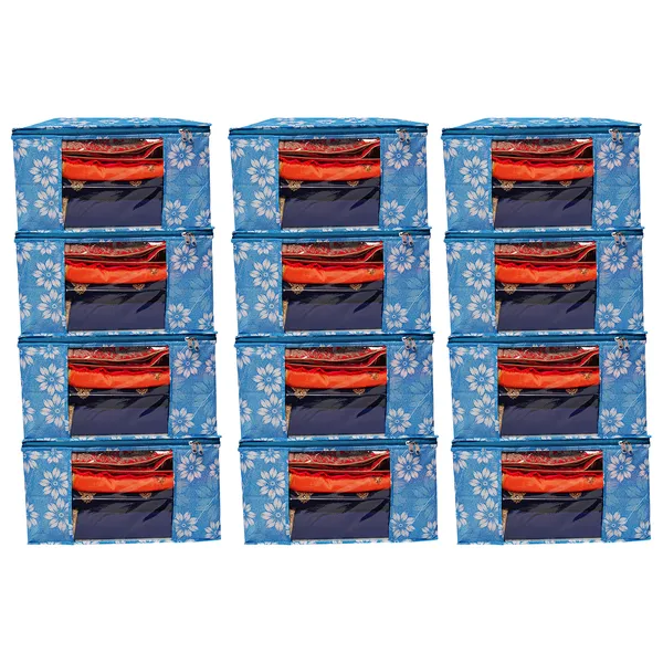 Premium_Blue_Floral_Clothes_Storage_Bag_With_Clear_Window_&_Zipper_|_Foldable_Wardrobe_Organizer_For_Saree,_Blanket_&_Bedding_(Pack_Of_12)
