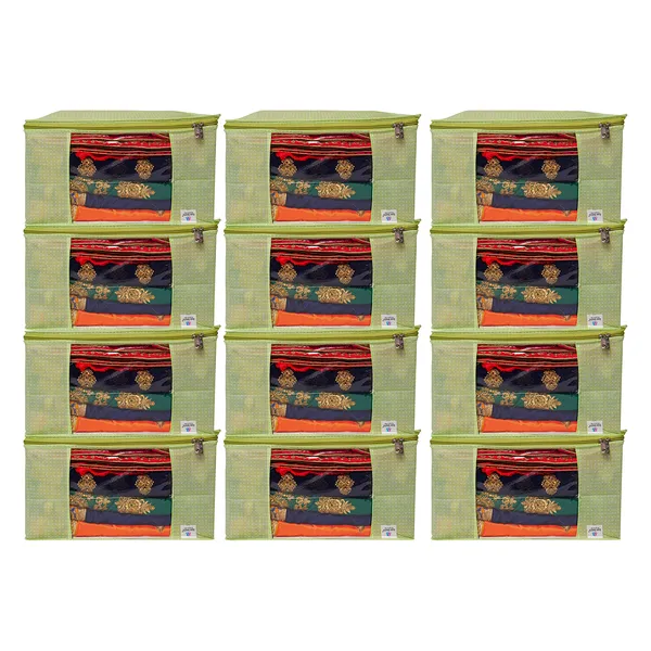 Green_Polka_Dot_Foldable_Storage_Bag_With_Zipper_Window_|_Large_Clothes_&_Blanket_Organizer_For_Wardrobe_Saree_Cover_Storage_Box_For_Clothes_With_Premium_Quality_Non_Woven_Combo_Offer_Saree_Organizer_For_Wardrobe/Organizers_For_Clothes/Saree_Cover_|_|_Saree_Bags_Saree_Covers_For_Storage,_Wardrobe_Organiser_|_Foldable_Saree_Clothes_Storage_Bag_Wardrobe_(Pack_Of_12)