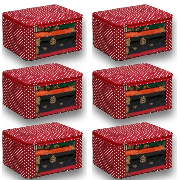 Multi_Saree_Garment_Packing_Cover_With_Transparent_Window_|_Laminated_Canvas_Printed_Fabric_Storage_Organizer_|_Heavy_Zip_Storage_Bag_(Maroon_Dots)