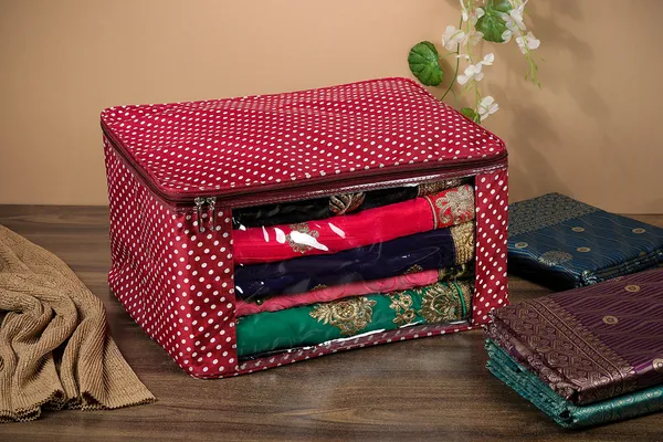Multi_Saree_Garment_Packing_Cover_With_Transparent_Window_|_Laminated_Canvas_Printed_Fabric_Storage_Organizer_|_Heavy_Zip_Storage_Bag_(Maroon_Dots)