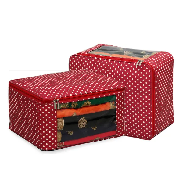 Multi_Saree_Garment_Packing_Cover_With_Transparent_Window_|_Laminated_Canvas_Printed_Fabric_Storage_Organizer_|_Heavy_Zip_Storage_Bag_(Maroon_Dots)
