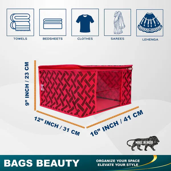 Saree_Cover_Storage_Box_For_Clothes_With_Premium_Quality_Non_Woven_Combo_Offer_Saree_Organizer_For_Large_Foldable_Clothes_Storage_Bag_With_Zipper_&_Transparent_Window_|_Red_Geometric_Print_Wardrobe_Organizer_For_Saree,_Blanket_&_Quilt_Storage_(Pack_Of_3)