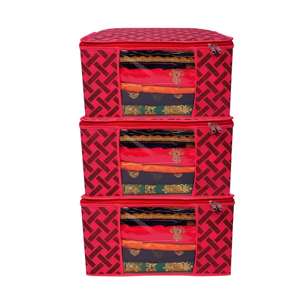 Saree_Cover_Storage_Box_For_Clothes_With_Premium_Quality_Non_Woven_Combo_Offer_Saree_Organizer_For_Large_Foldable_Clothes_Storage_Bag_With_Zipper_&_Transparent_Window_|_Red_Geometric_Print_Wardrobe_Organizer_For_Saree,_Blanket_&_Quilt_Storage_(Pack_Of_3)