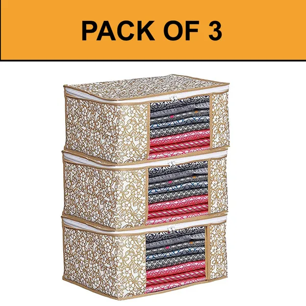 Floral_Foldable_Storage_Bag_With_Zipper_Window_|_Large_Clothes,_Blanket_&_Saree_Organizer_For_Wardrobe_(Pack_Of_3)