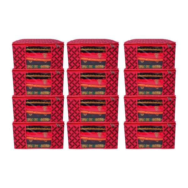Saree_Cover_Storage_Box_For_Clothes_With_Premium_Quality_Non_Woven_Combo_Offer_Saree_Organizer_For_Large_Foldable_Clothes_Storage_Bag_With_Zipper_&_Transparent_Window_|_Red_Geometric_Print_Wardrobe_Organizer_For_Saree,_Blanket_&_Quilt_Storage_(Pack_Of_12)