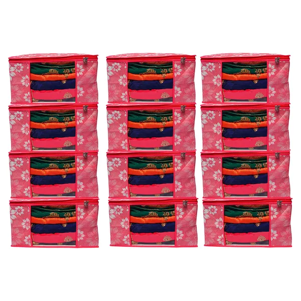 Multipurpose_Foldable_Clothes_Storage_Organizer_With_Front_Window_|_Floral_Print_Blanket,_Saree_&_Garment_Storage_Bag_For_Wardrobe_(Pack_Of_12)