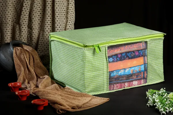 Green_Polka_Dot_Foldable_Storage_Bag_With_Zipper_Window_|_Large_Clothes_&_Blanket_Organizer_For_Wardrobe_Saree_Cover_Storage_Box_For_Clothes_With_Premium_Quality_Non_Woven_Combo_Offer_Saree_Organizer_For_Wardrobe/Organizers_For_Clothes/Saree_Cover_|_|_Saree_Bags_Saree_Covers_For_Storage,_Wardrobe_Organiser_|_Foldable_Saree_Clothes_Storage_Bag_Wardrobe_(Pack_Of_3)