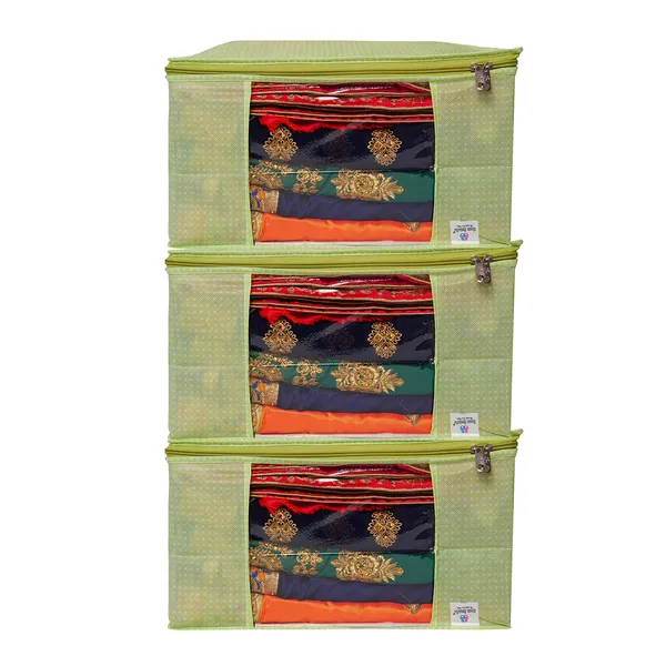 Green_Polka_Dot_Foldable_Storage_Bag_With_Zipper_Window_|_Large_Clothes_&_Blanket_Organizer_For_Wardrobe_Saree_Cover_Storage_Box_For_Clothes_With_Premium_Quality_Non_Woven_Combo_Offer_Saree_Organizer_For_Wardrobe/Organizers_For_Clothes/Saree_Cover_|_|_Saree_Bags_Saree_Covers_For_Storage,_Wardrobe_Organiser_|_Foldable_Saree_Clothes_Storage_Bag_Wardrobe_(Pack_Of_3)