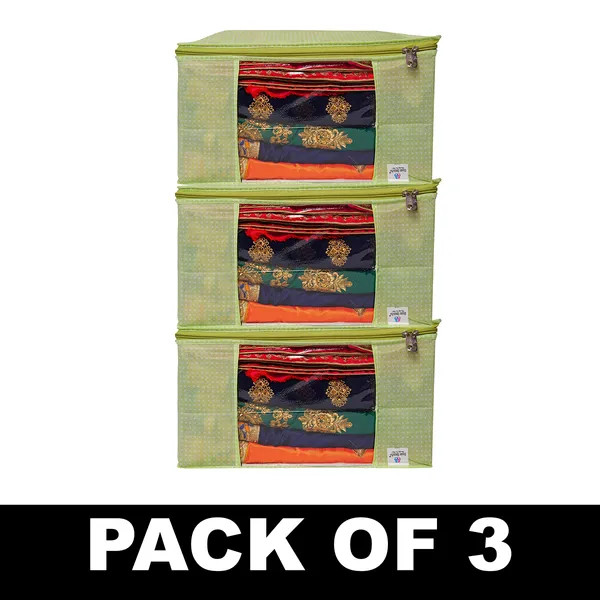 Green_Polka_Dot_Foldable_Storage_Bag_With_Zipper_Window_|_Large_Clothes_&_Blanket_Organizer_For_Wardrobe_Saree_Cover_Storage_Box_For_Clothes_With_Premium_Quality_Non_Woven_Combo_Offer_Saree_Organizer_For_Wardrobe/Organizers_For_Clothes/Saree_Cover_|_|_Saree_Bags_Saree_Covers_For_Storage,_Wardrobe_Organiser_|_Foldable_Saree_Clothes_Storage_Bag_Wardrobe_(Pack_Of_3)