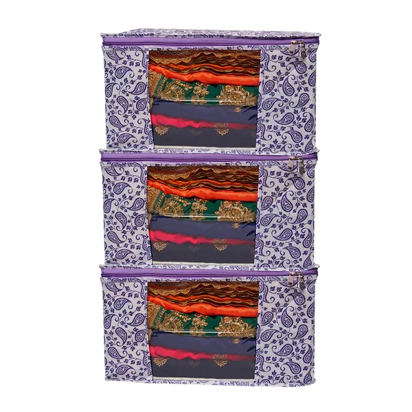 Multipurpose_Foldable_Clothes_Storage_Organizer_With_Front_Window_|_Paisley_Print_Saree,_Blanket_&_Garment_Storage_Bag_For_Wardrobe_(Pack_Of_3)