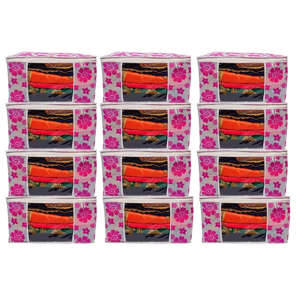 Large_Foldable_Clothes_Storage_Bag_With_Zipper_&_Transparent_Window_|_Floral_Wardrobe_Organizer_For_Saree,_Blanket_&_Quilt_Storage_(Pack_Of_12)
