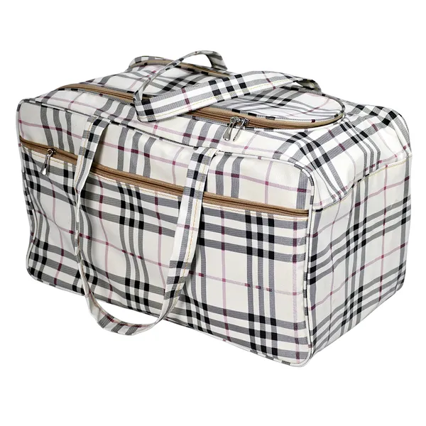 Beige_Check_Pattern_Travel_Bag_For_Men_&_Women_|_Large_Capacity_Storage_Duffel_Bag_|_Durable_Waterproof_Clothes_Organizer_For_Travel