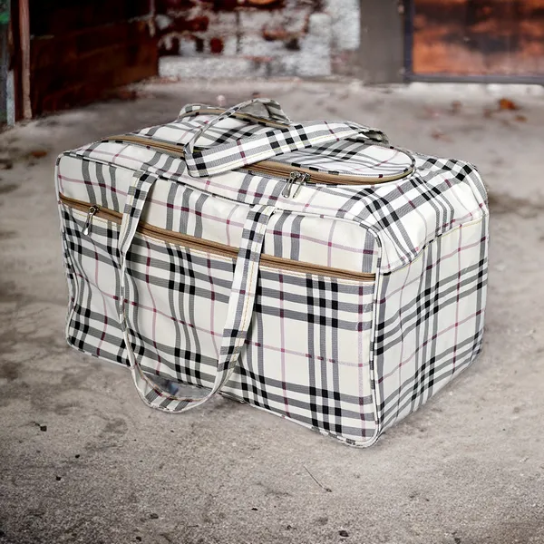 Beige_Check_Pattern_Travel_Bag_For_Men_&_Women_|_Large_Capacity_Storage_Duffel_Bag_|_Durable_Waterproof_Clothes_Organizer_For_Travel