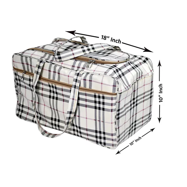 Beige_Check_Pattern_Travel_Bag_For_Men_&_Women_|_Large_Capacity_Storage_Duffel_Bag_|_Durable_Waterproof_Clothes_Organizer_For_Travel