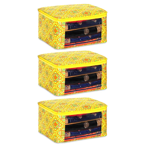Designer_Multi_Saree_Packing_Cover_With_Transparent_Window_|_Laminated_Canvas_Printed_Fabric_Garment_Storage_Organizer_|_Heavy_Zip_Storage_Bag_(Yellow_Bandhani)